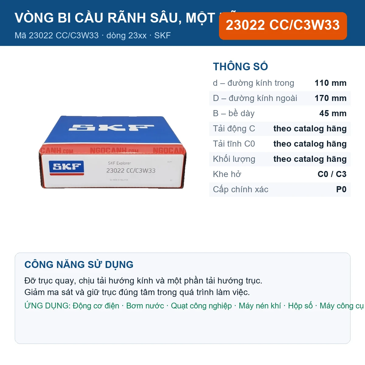 Vòng bi SKF 23022 CC/C3W33 — kích thước 110x170x45mm