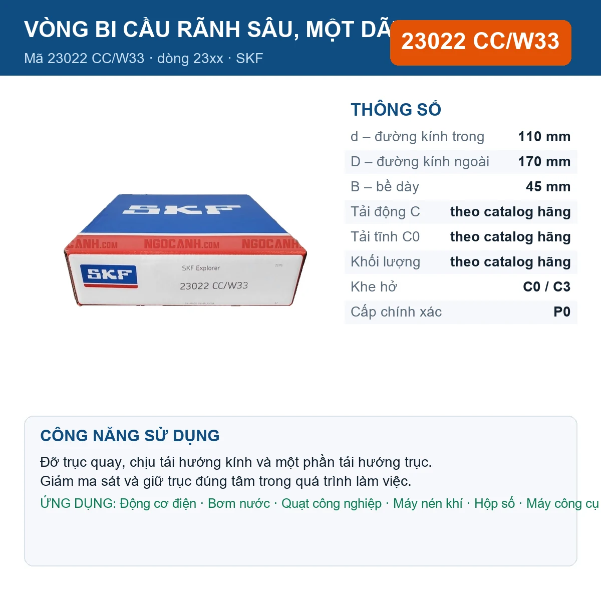 Vòng bi SKF 23022 CC/W33 — kích thước 110x170x45mm