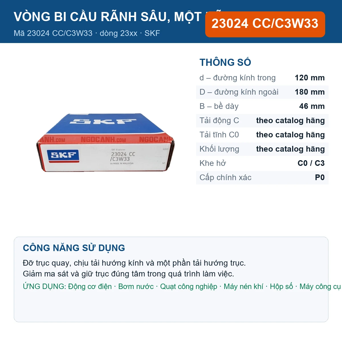 Vòng bi SKF 23024 CC/C3W33 — kích thước 120x180x46mm