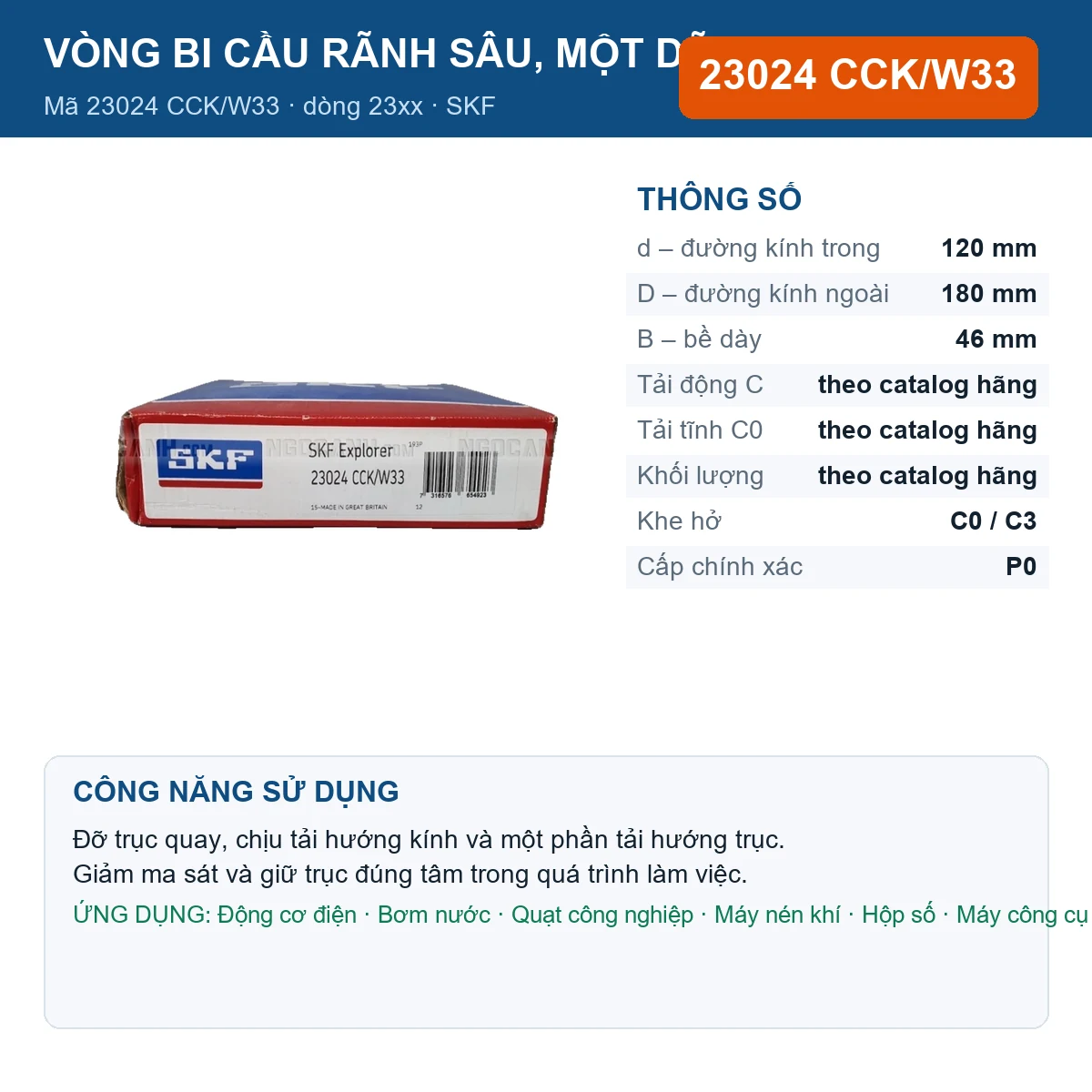 Vòng bi SKF 23024 CCK/W33 — kích thước 120x180x46mm