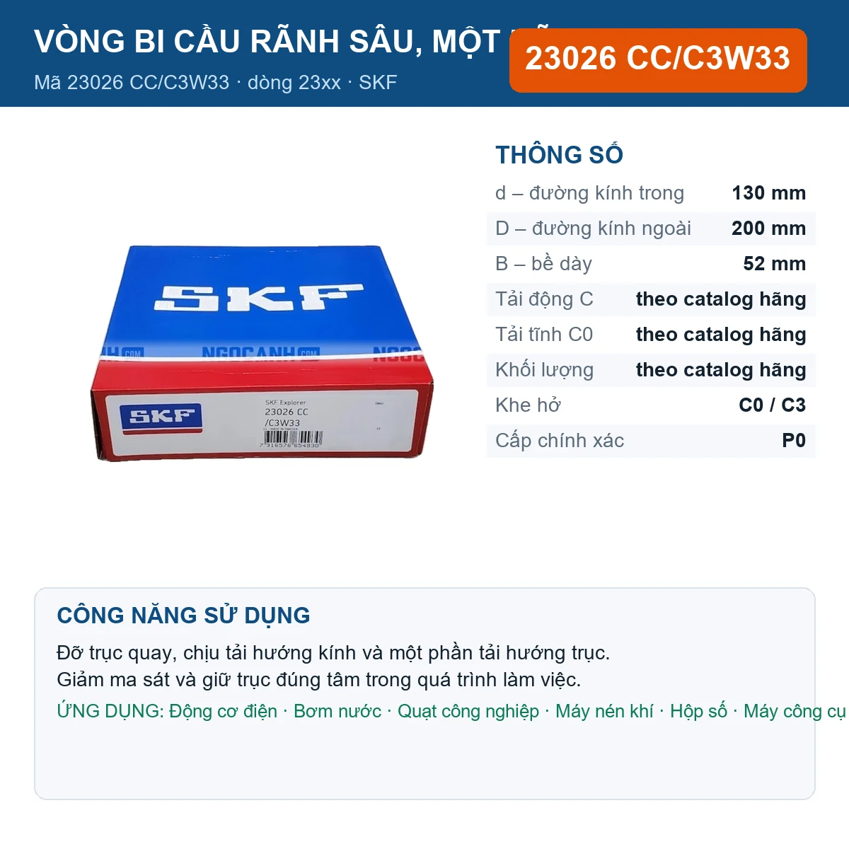 Vòng bi SKF 23026 CC/C3W33 — kích thước 130x200x52mm