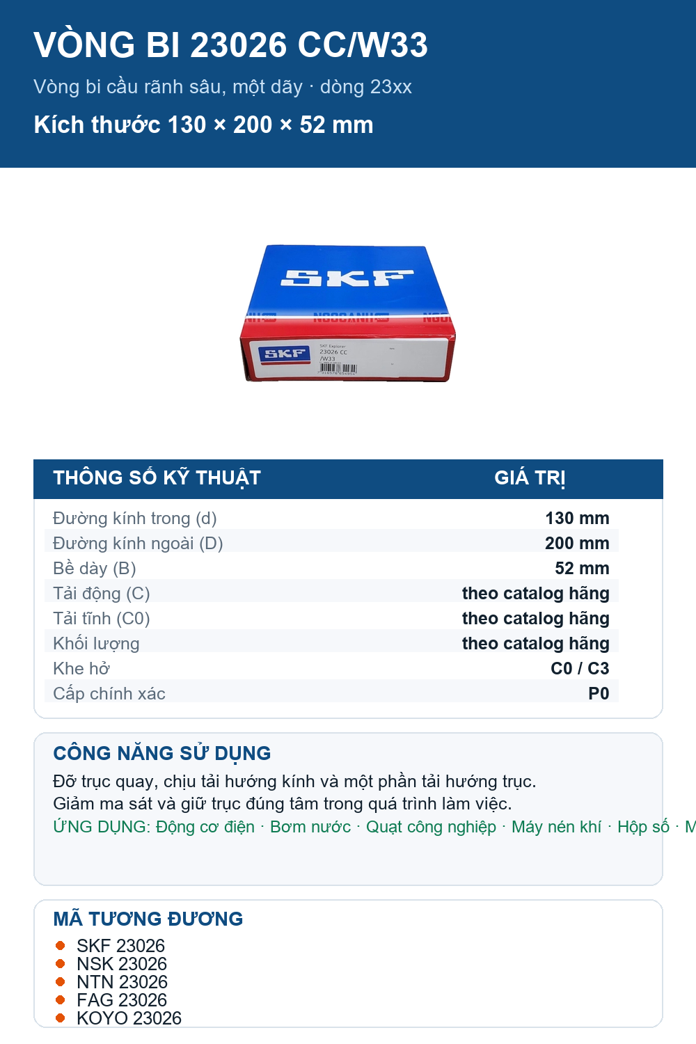 Vòng bi SKF 23026 CC/W33 130x200x52mm — Ảnh thông số (Pinterest)