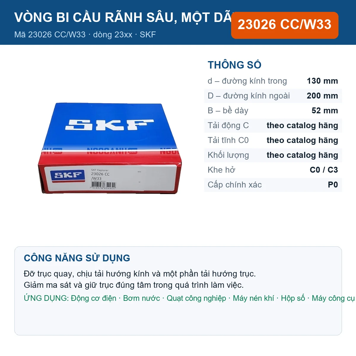 Vòng bi SKF 23026 CC/W33 — kích thước 130x200x52mm