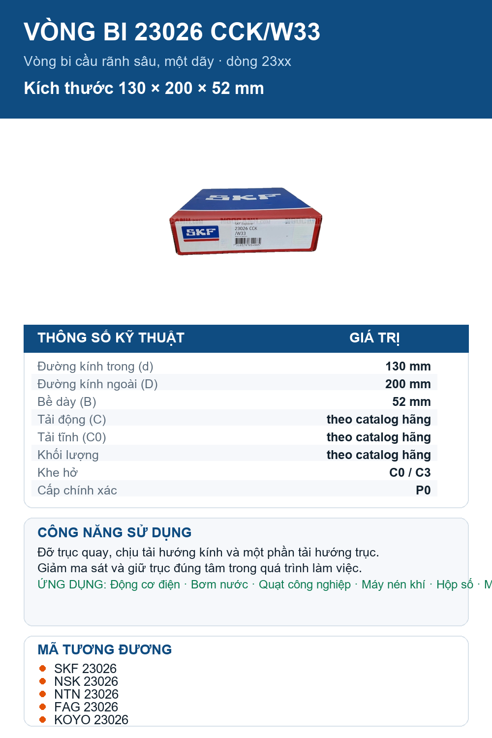 Vòng bi SKF 23026 CCK/W33 130x200x52mm — Ảnh thông số (Pinterest)