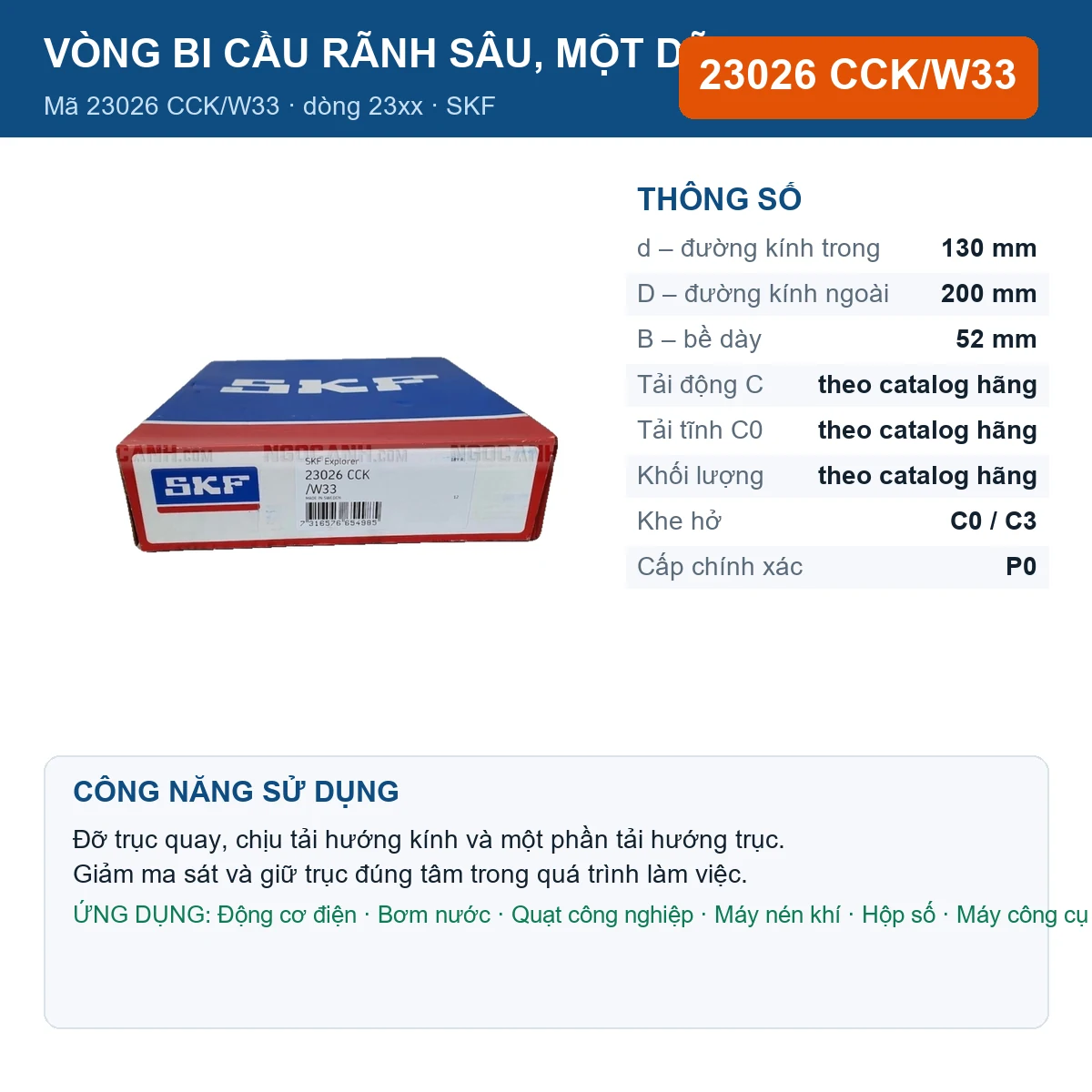 Vòng bi SKF 23026 CCK/W33 — kích thước 130x200x52mm