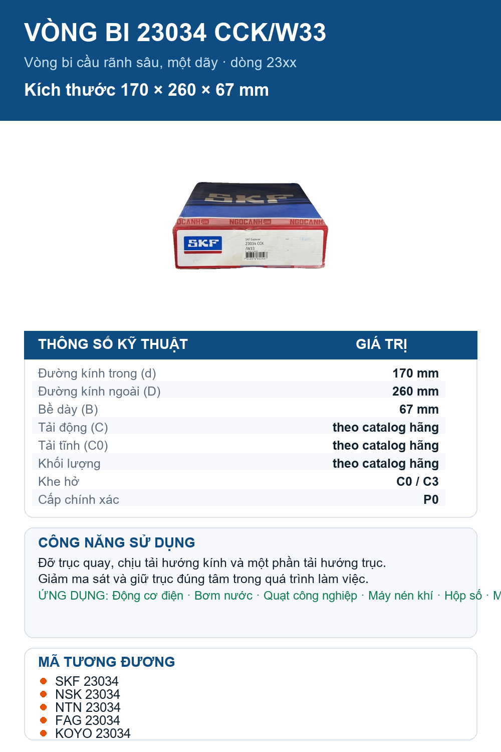 Vòng bi SKF 23034 CCK/W33 170x260x67mm — Ảnh thông số (Pinterest)