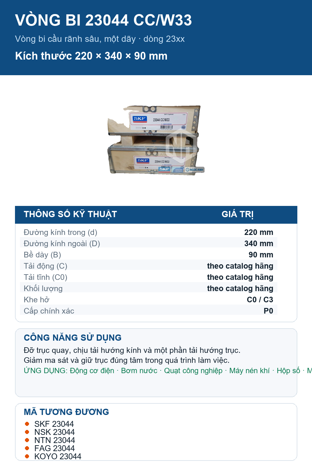 Vòng bi SKF 23044 CC/W33 220x340x90mm — Ảnh thông số (Pinterest)