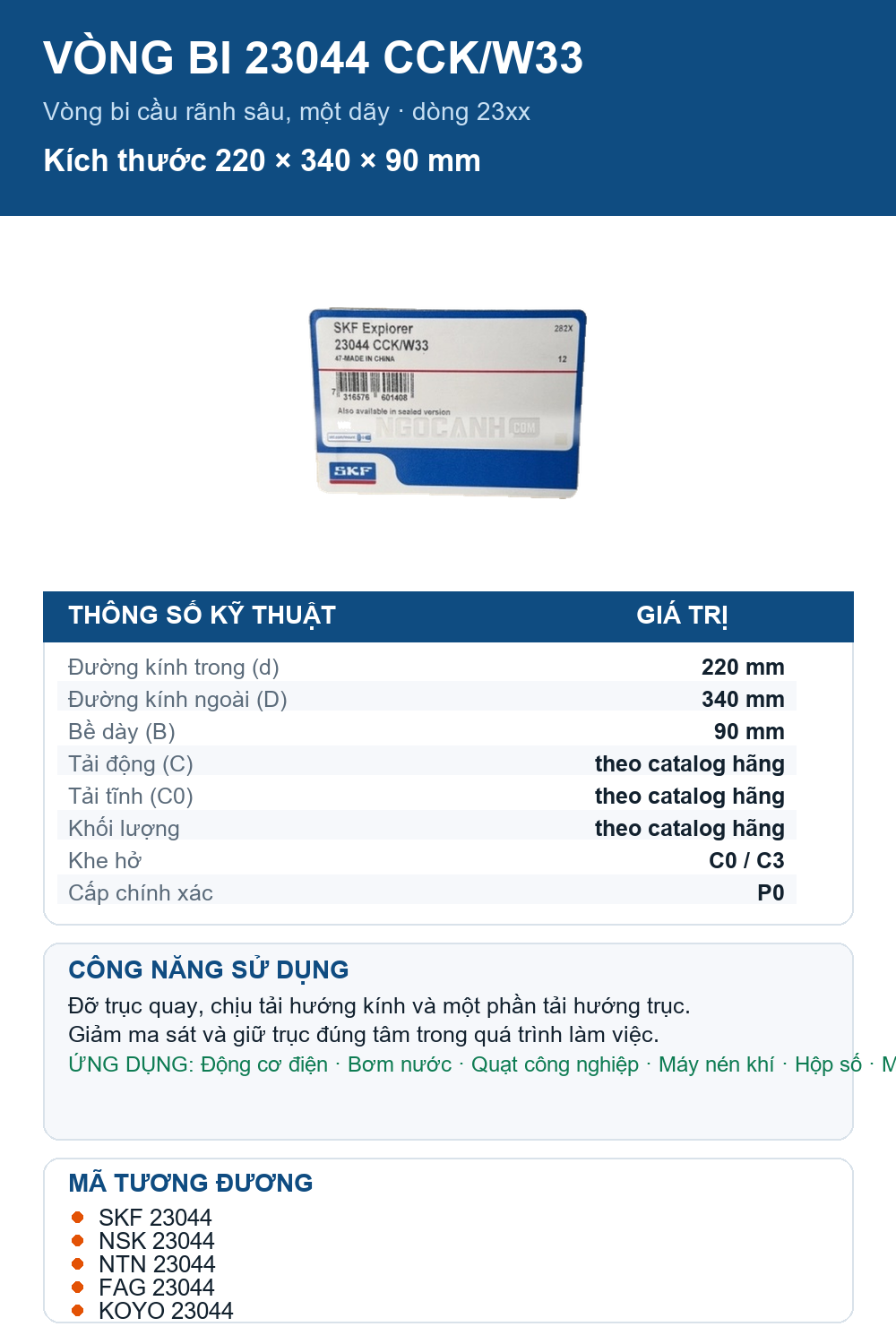 Vòng bi SKF 23044 CCK/W33 220x340x90mm — Ảnh thông số (Pinterest)