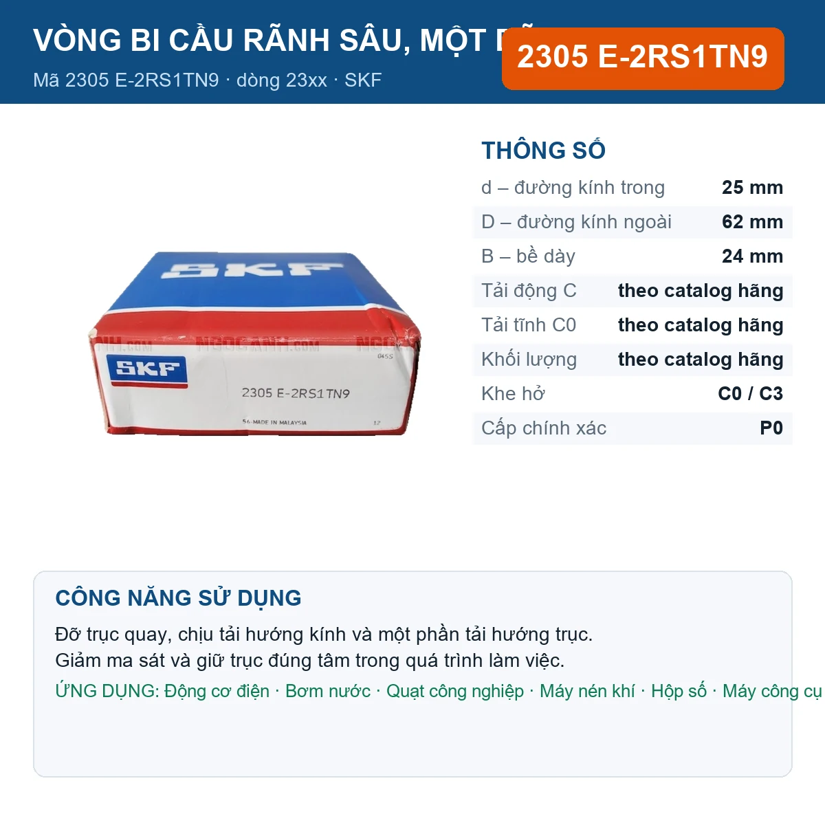 Vòng bi SKF 2305 E-2RS1TN9 — kích thước 25x62x24mm