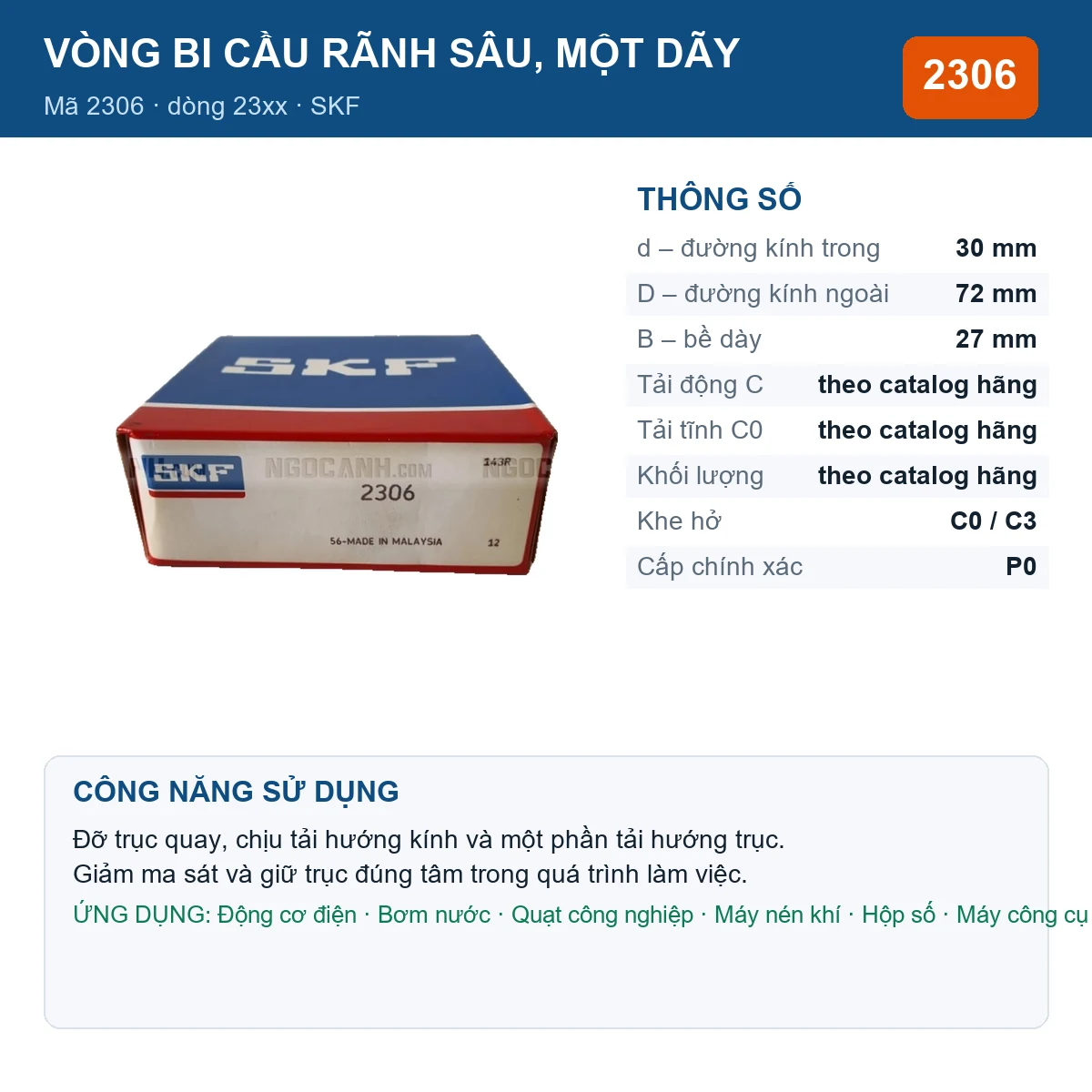 Vòng bi SKF 2306 — kích thước 30x72x27mm