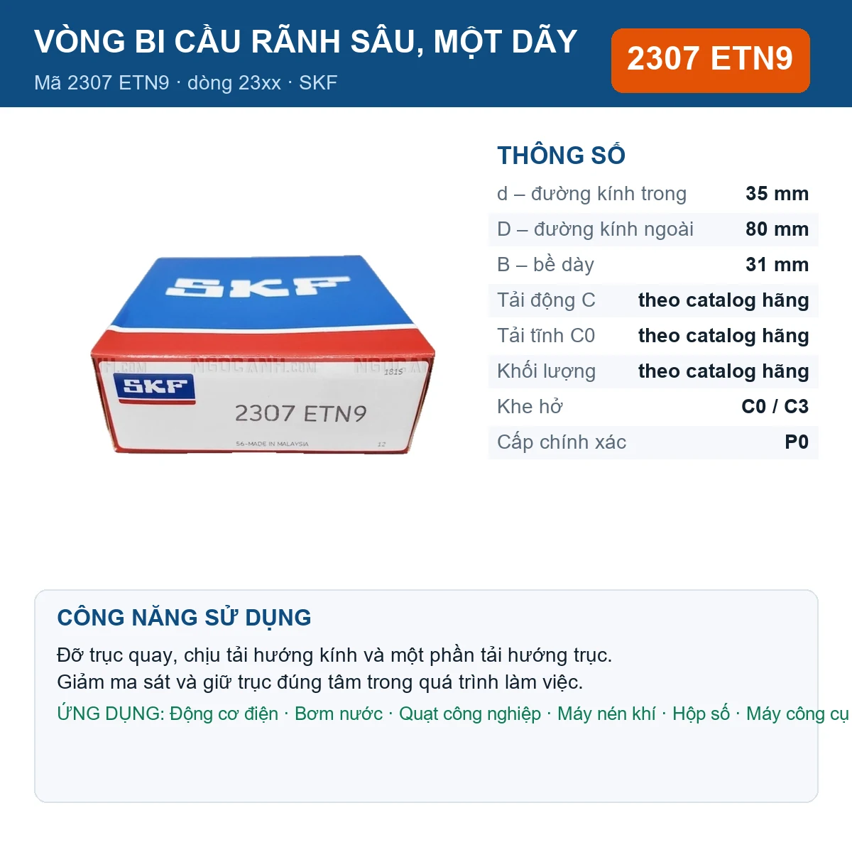 Vòng bi SKF 2307 ETN9 — kích thước 35x80x31mm