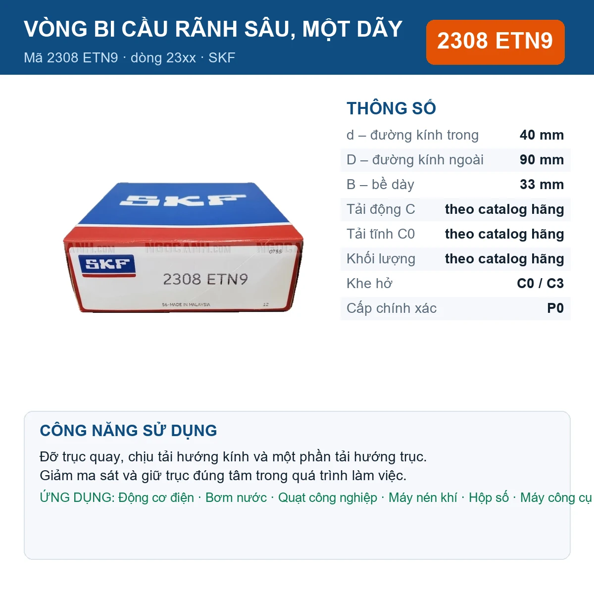 Vòng bi SKF 2308 ETN9 — kích thước 40x90x33mm