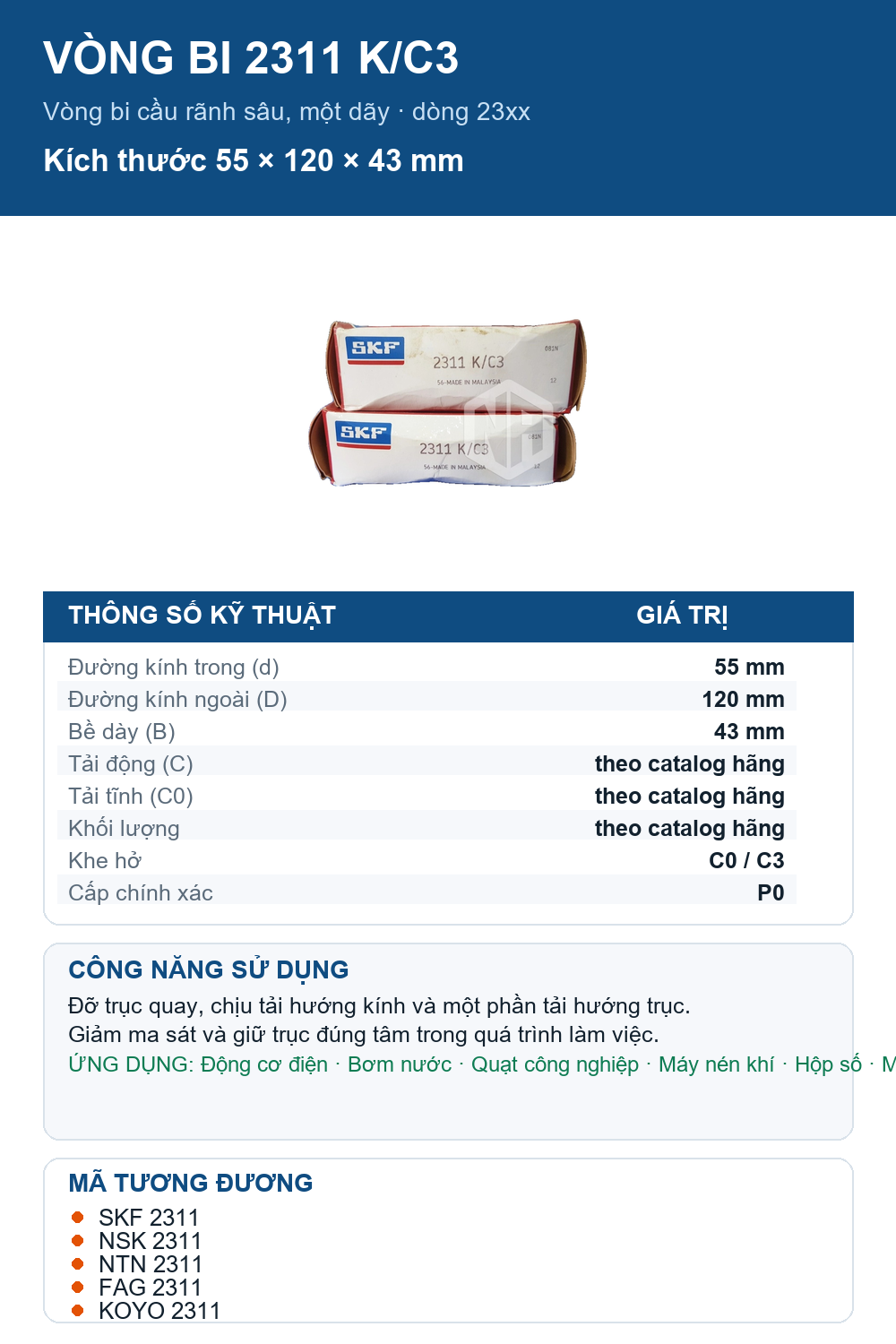 Vòng bi SKF 2311 K/C3 55x120x43mm — Ảnh thông số (Pinterest)