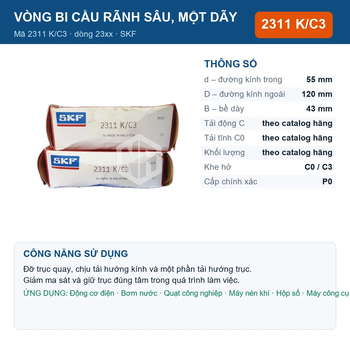 Vòng bi SKF 2311 K/C3 — kích thước 55x120x43mm