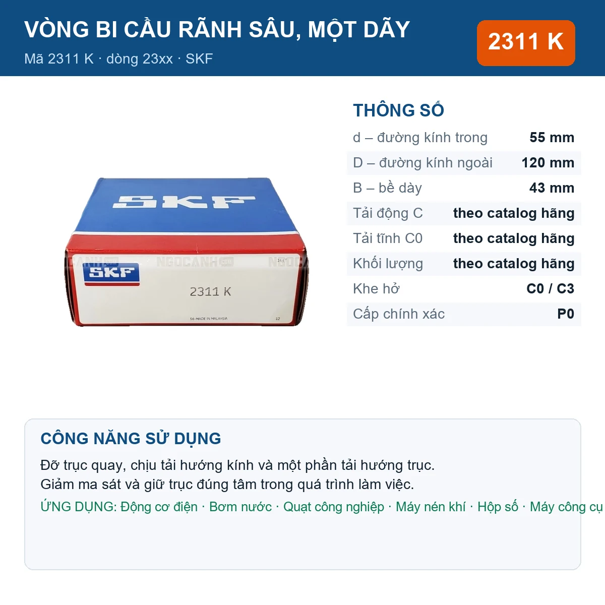 Vòng bi SKF 2311 K — kích thước 55x120x43mm