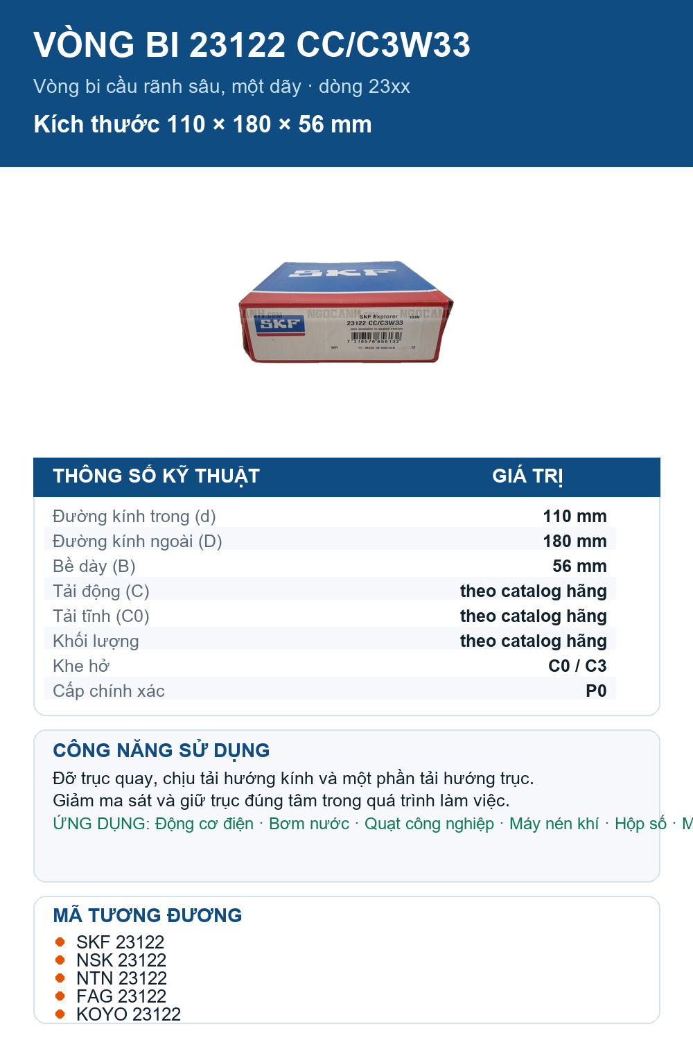 Vòng bi SKF 23122 CC/C3W33 110x180x56mm — Ảnh thông số (Pinterest)