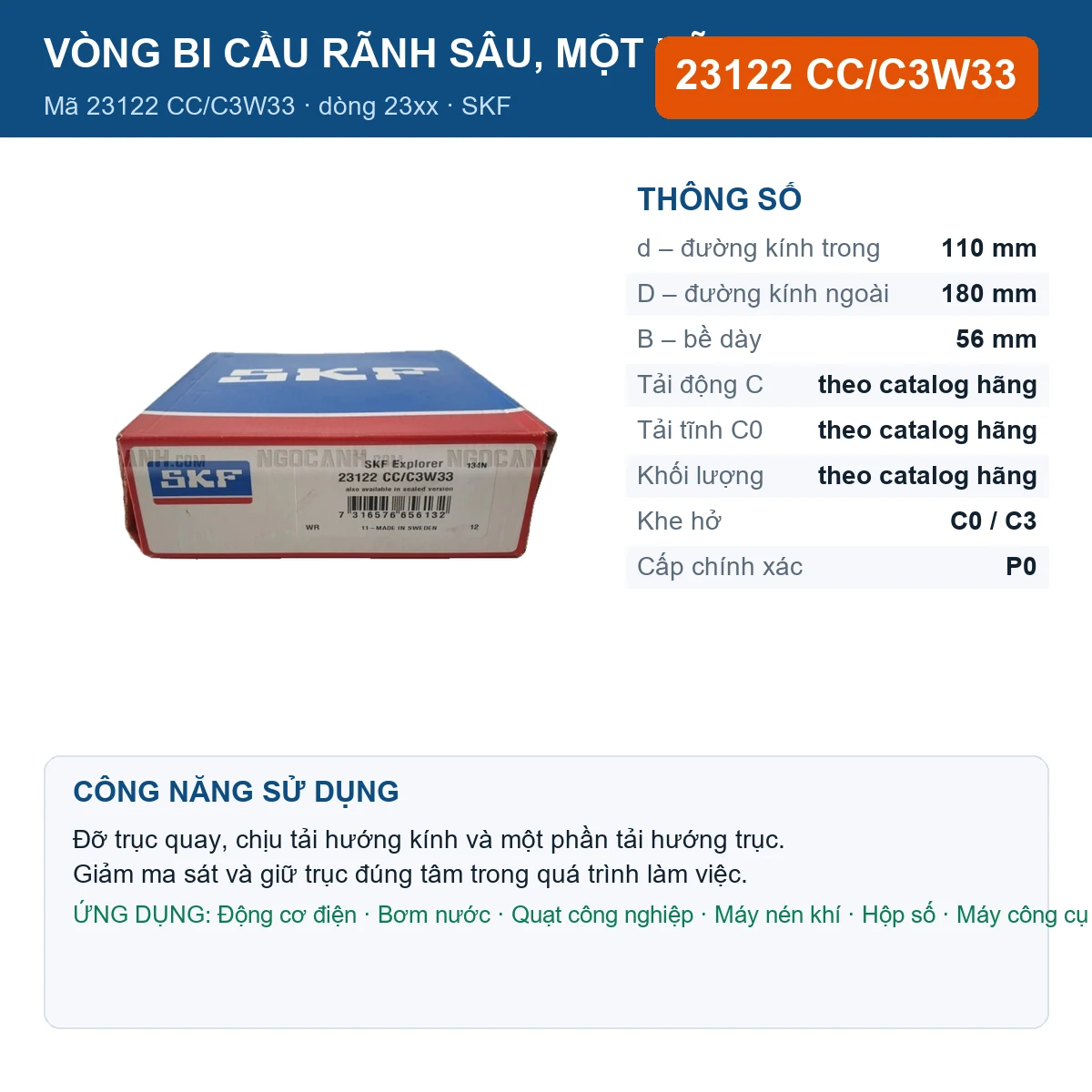 Vòng bi SKF 23122 CC/C3W33 — kích thước 110x180x56mm