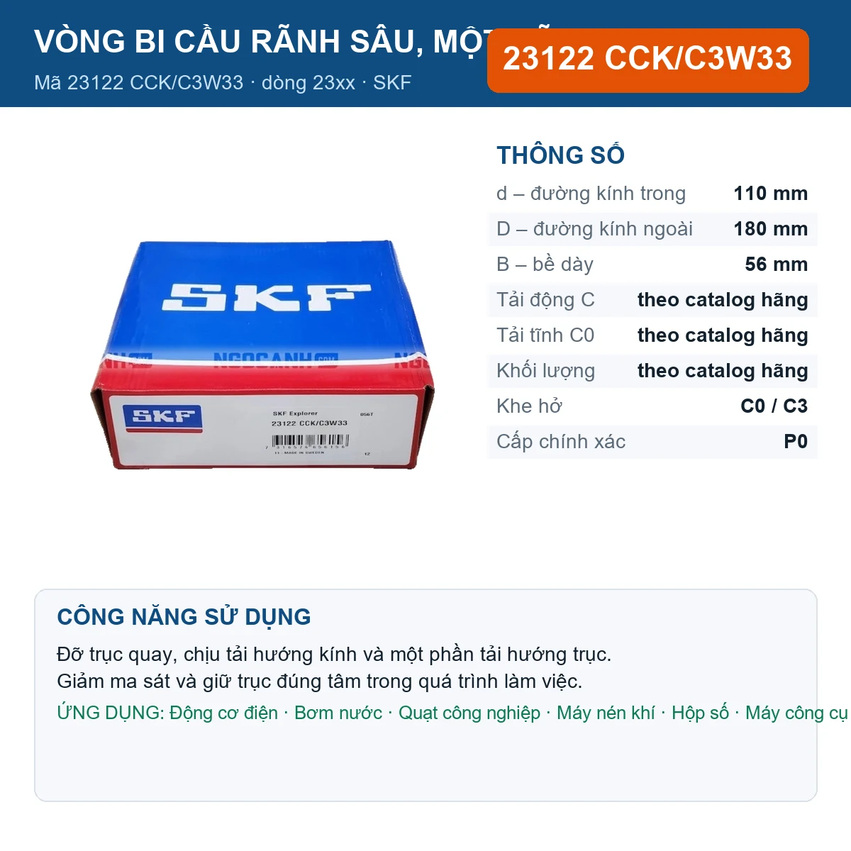 Vòng bi SKF 23122 CCK/C3W33 — kích thước 110x180x56mm