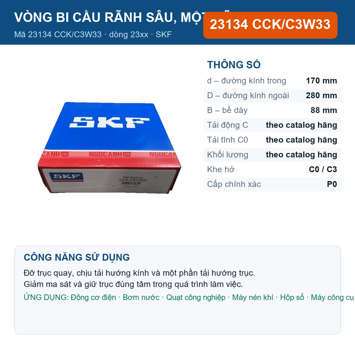 Vòng bi SKF 23134 CCK/C3W33 — kích thước 170x280x88mm
