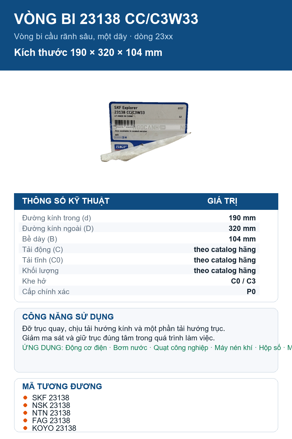 Vòng bi SKF 23138 CC/C3W33 190x320x104mm — Ảnh thông số (Pinterest)