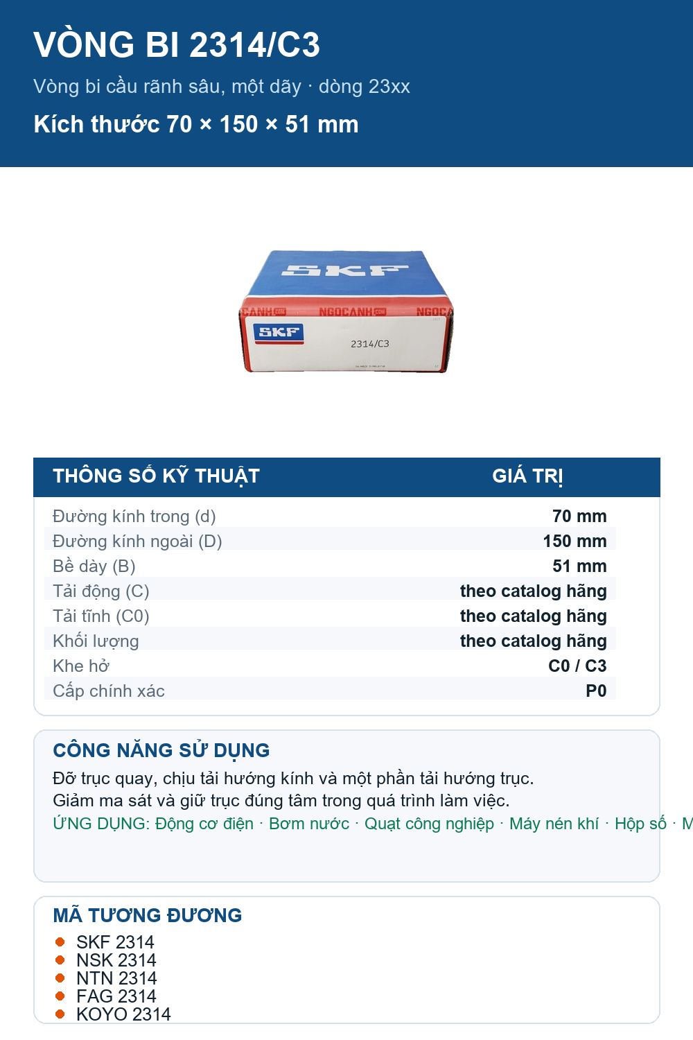 Vòng bi SKF 2314/C3 70x150x51mm — Ảnh thông số (Pinterest)