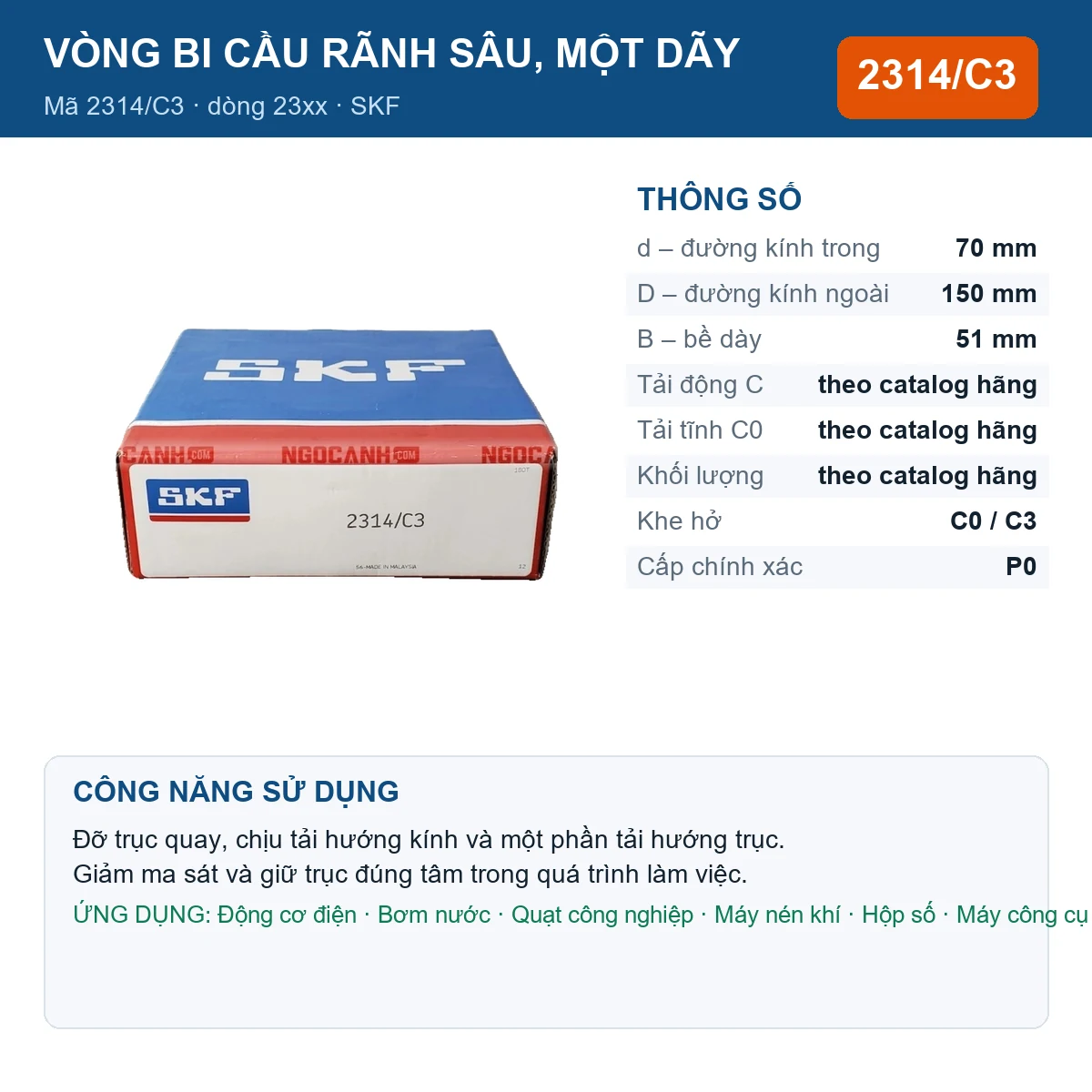 Vòng bi SKF 2314/C3 — kích thước 70x150x51mm
