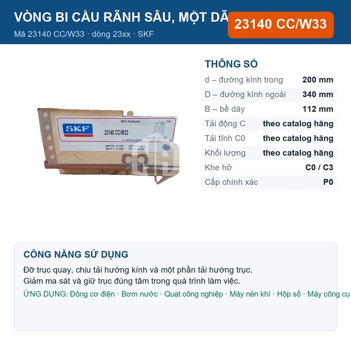 Vòng bi SKF 23140 CC/W33 — kích thước 200x340x112mm