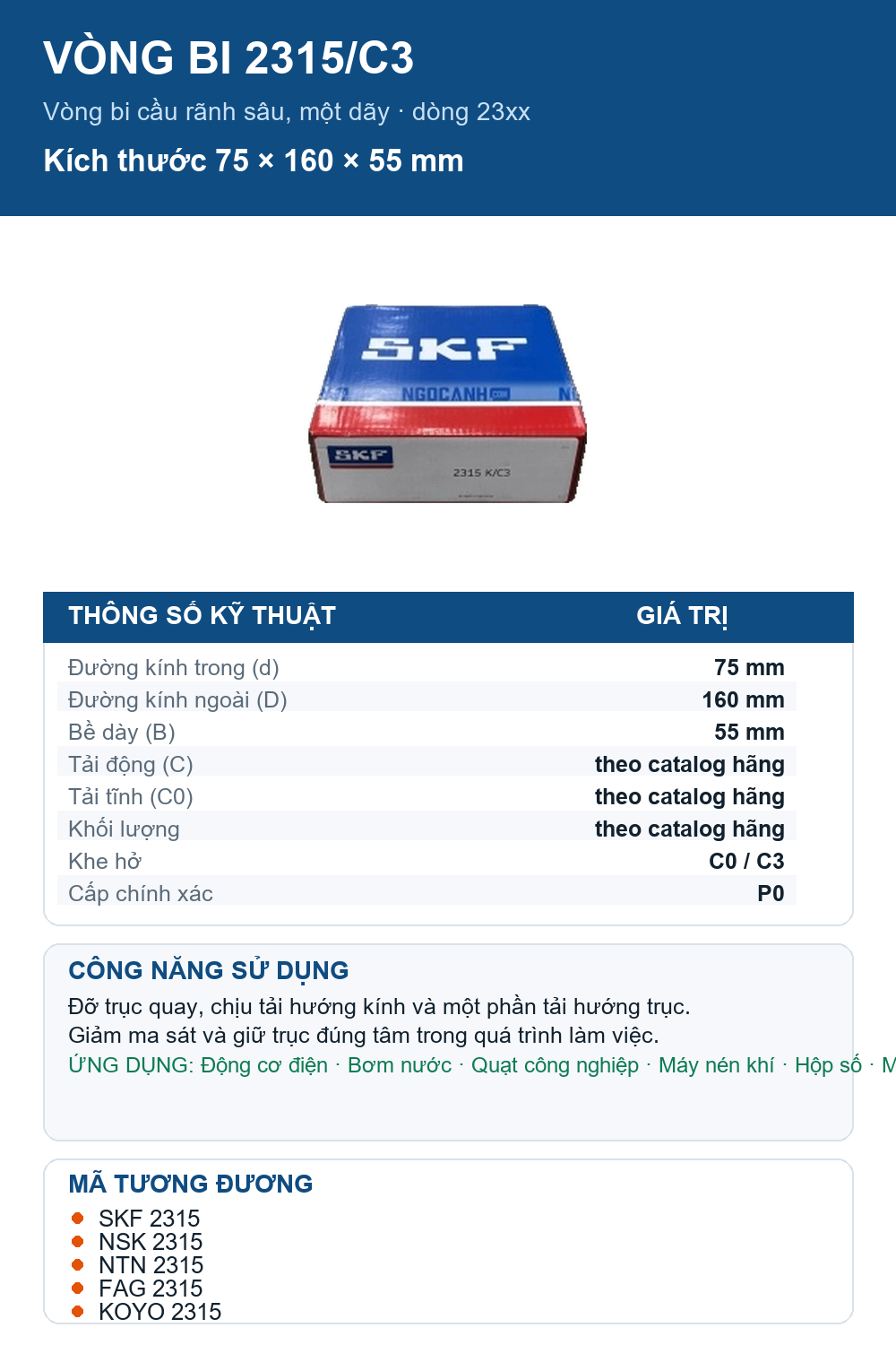 Vòng bi SKF 2315/C3 75x160x55mm — Ảnh thông số (Pinterest)