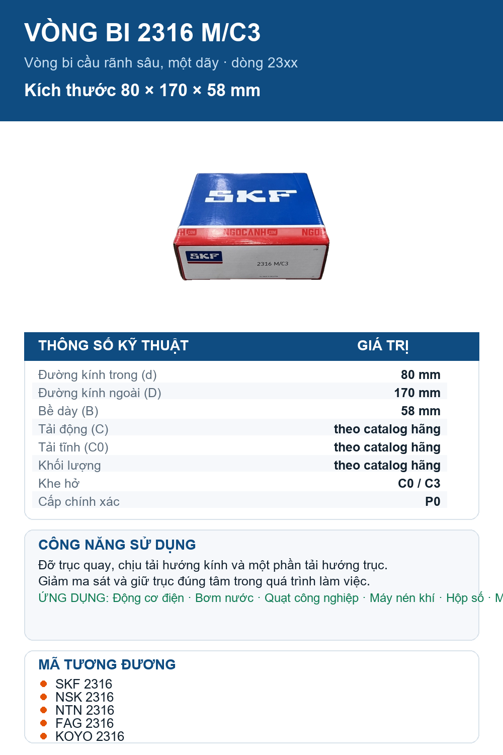 Vòng bi SKF 2316 M/C3 80x170x58mm — Ảnh thông số (Pinterest)