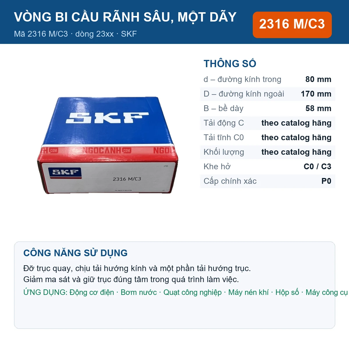 Vòng bi SKF 2316 M/C3 — kích thước 80x170x58mm