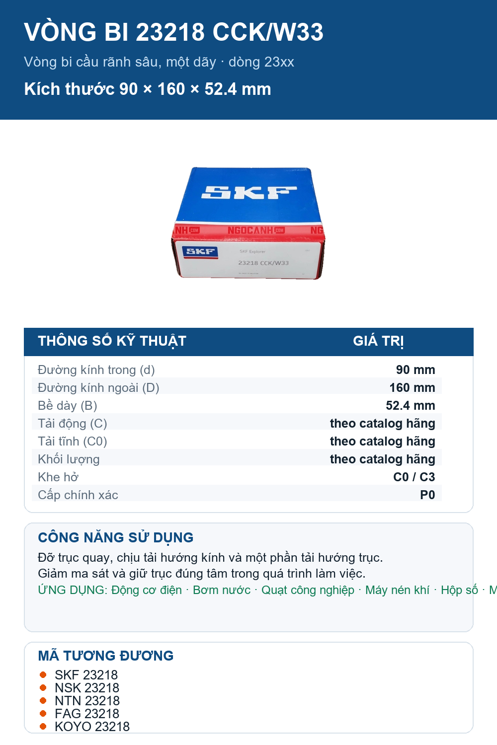 Vòng bi SKF 23218 CCK/W33 90x160x52.4mm — Ảnh thông số (Pinterest)