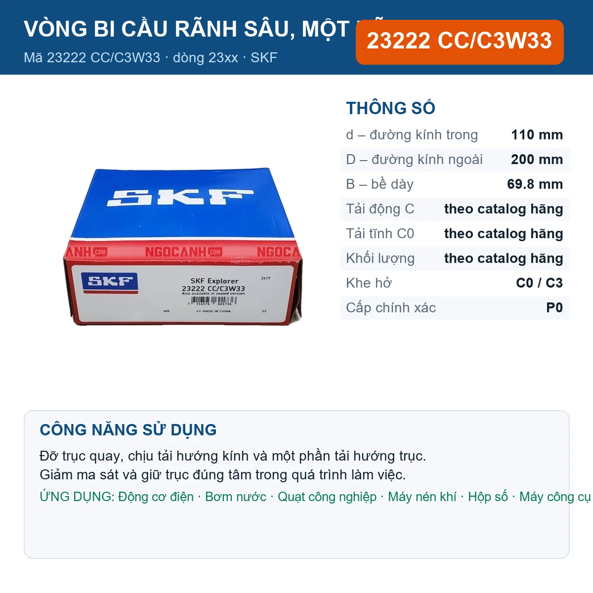 Vòng bi SKF 23222 CC/C3W33 — kích thước 110x200x69.8mm
