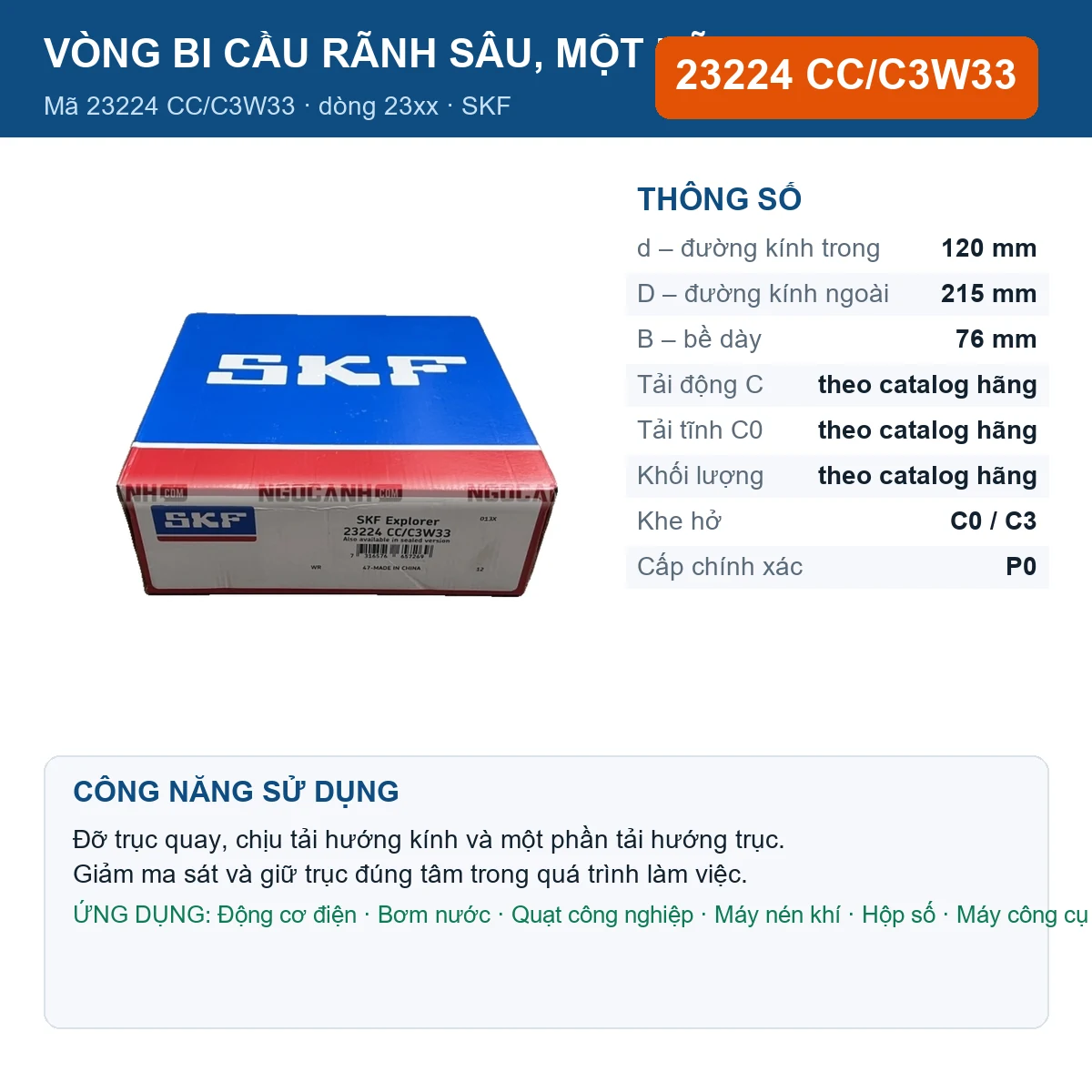 Vòng bi SKF 23224 CC/C3W33 — kích thước 120x215x76mm