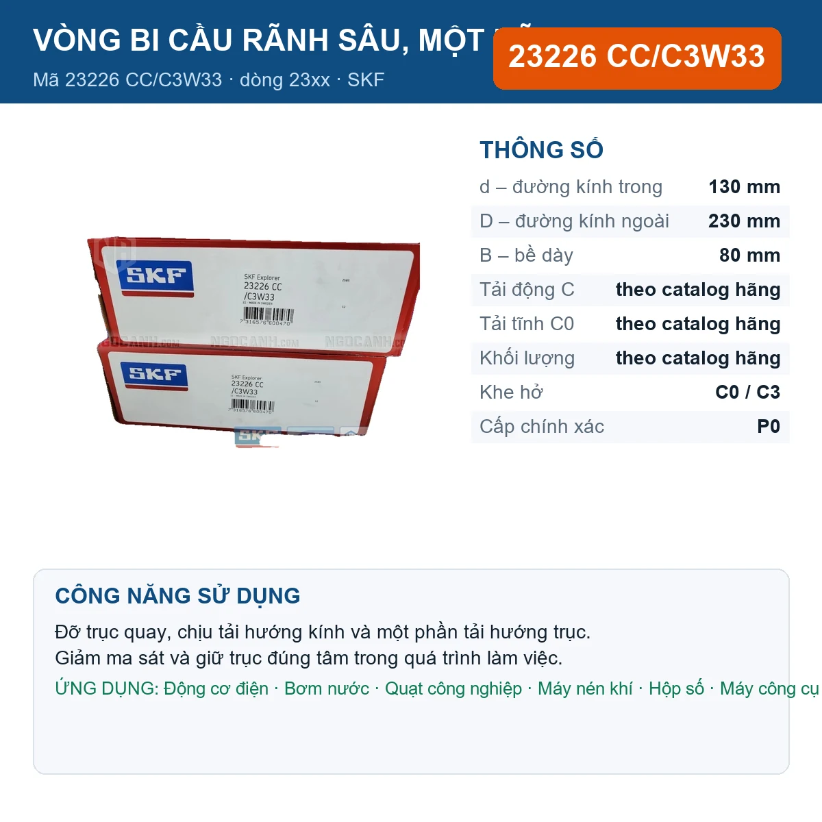 Vòng bi SKF 23226 CC/C3W33 — kích thước 130x230x80mm