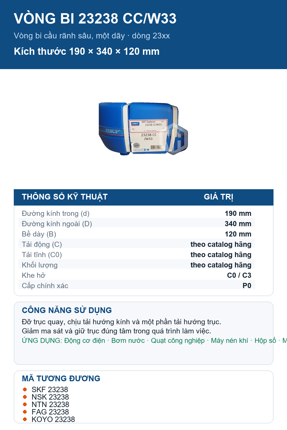 Vòng bi SKF 23238 CC/W33 190x340x120mm — Ảnh thông số (Pinterest)