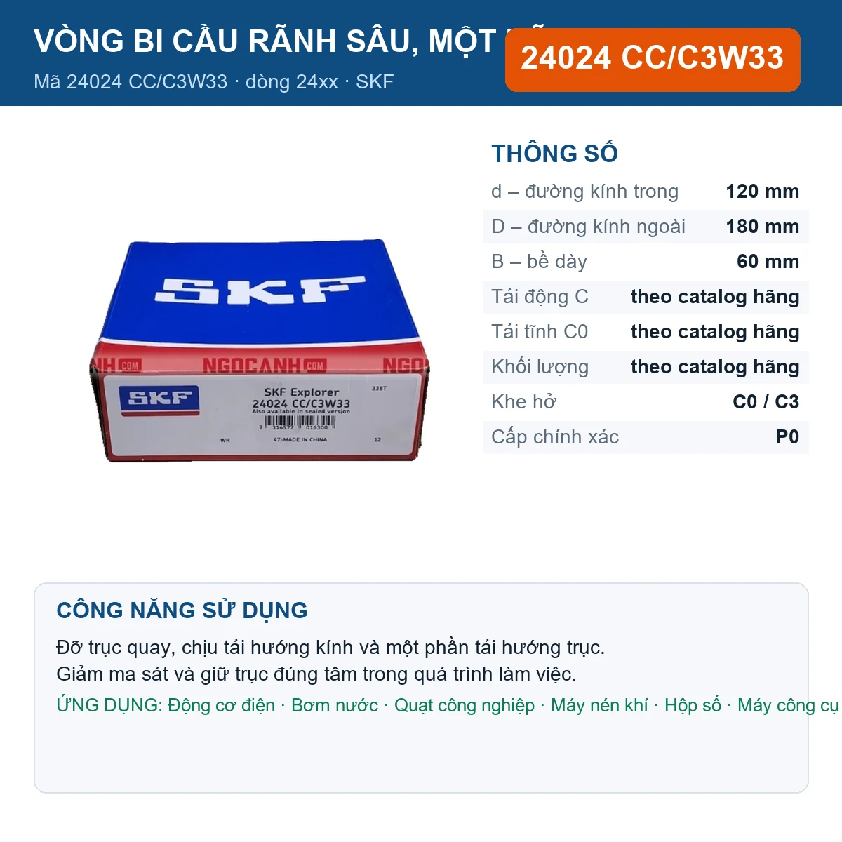 Vòng bi SKF 24024 CC/C3W33 — kích thước 120x180x60mm