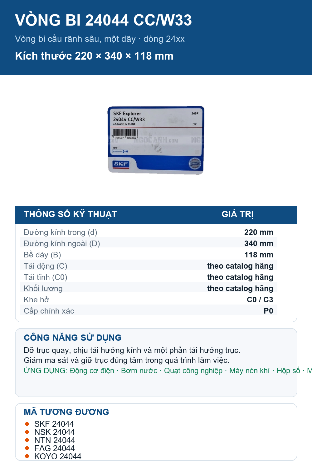 Vòng bi SKF 24044 CC/W33 220x340x118mm — Ảnh thông số (Pinterest)