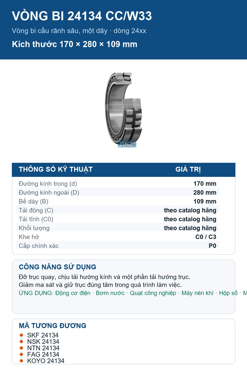 Vòng bi SKF 24134 CC/W33 170x280x109mm — Ảnh thông số (Pinterest)