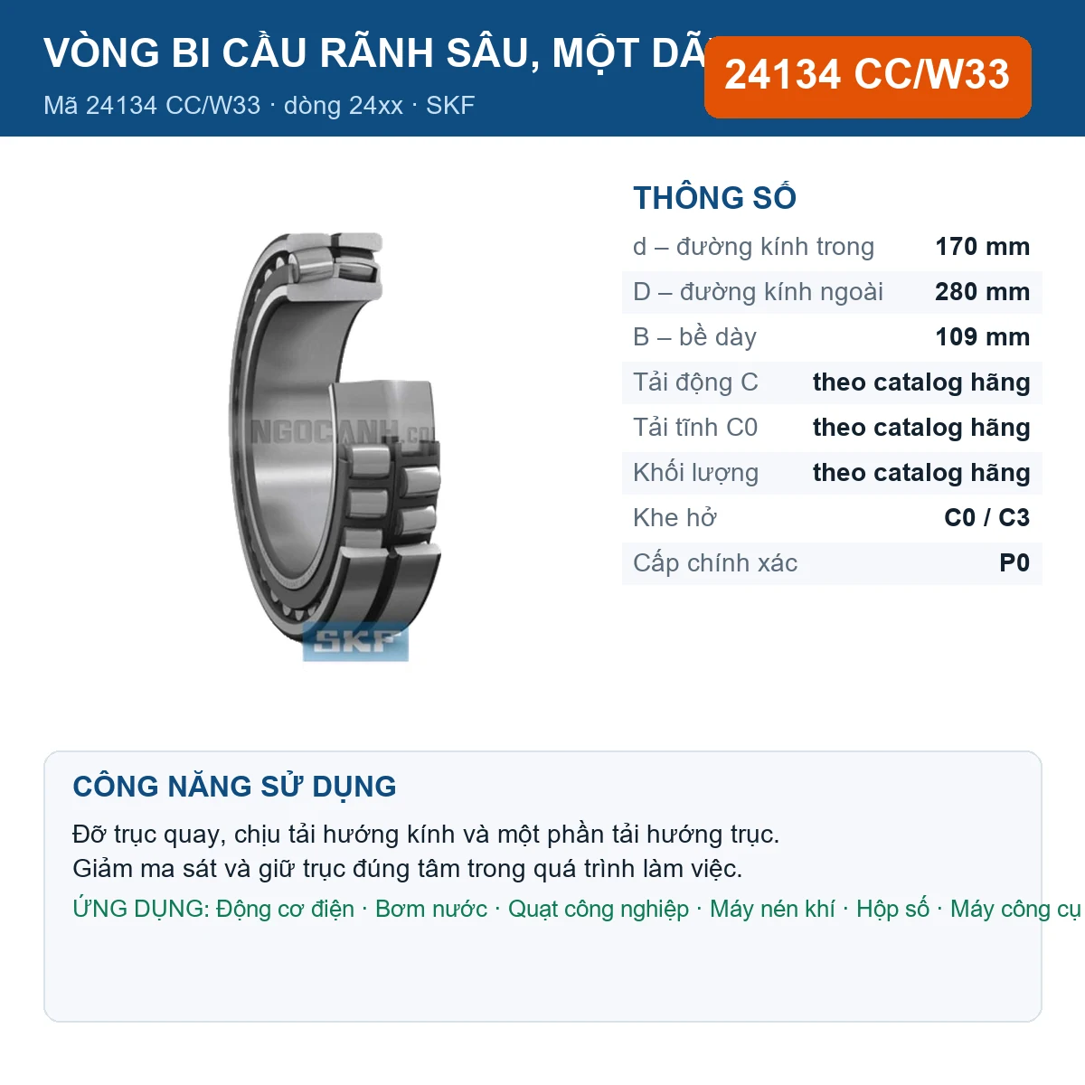 Vòng bi SKF 24134 CC/W33 170x280x109mm — Ảnh đăng sản phẩm (web)