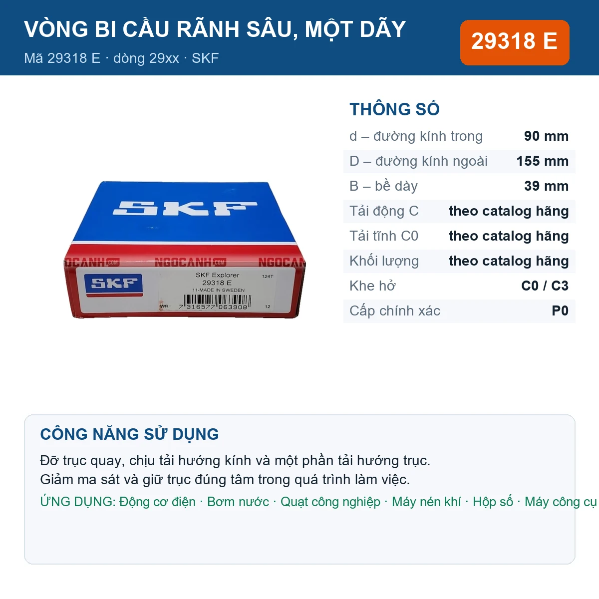 Vòng bi SKF 29318 E — kích thước 90x155x39mm