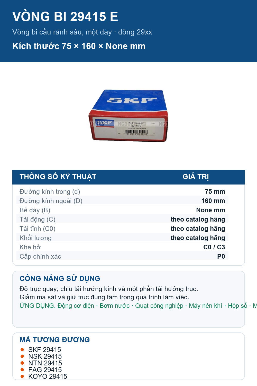 Vòng bi SKF 29415 E 75x160mm — Ảnh thông số (Pinterest)