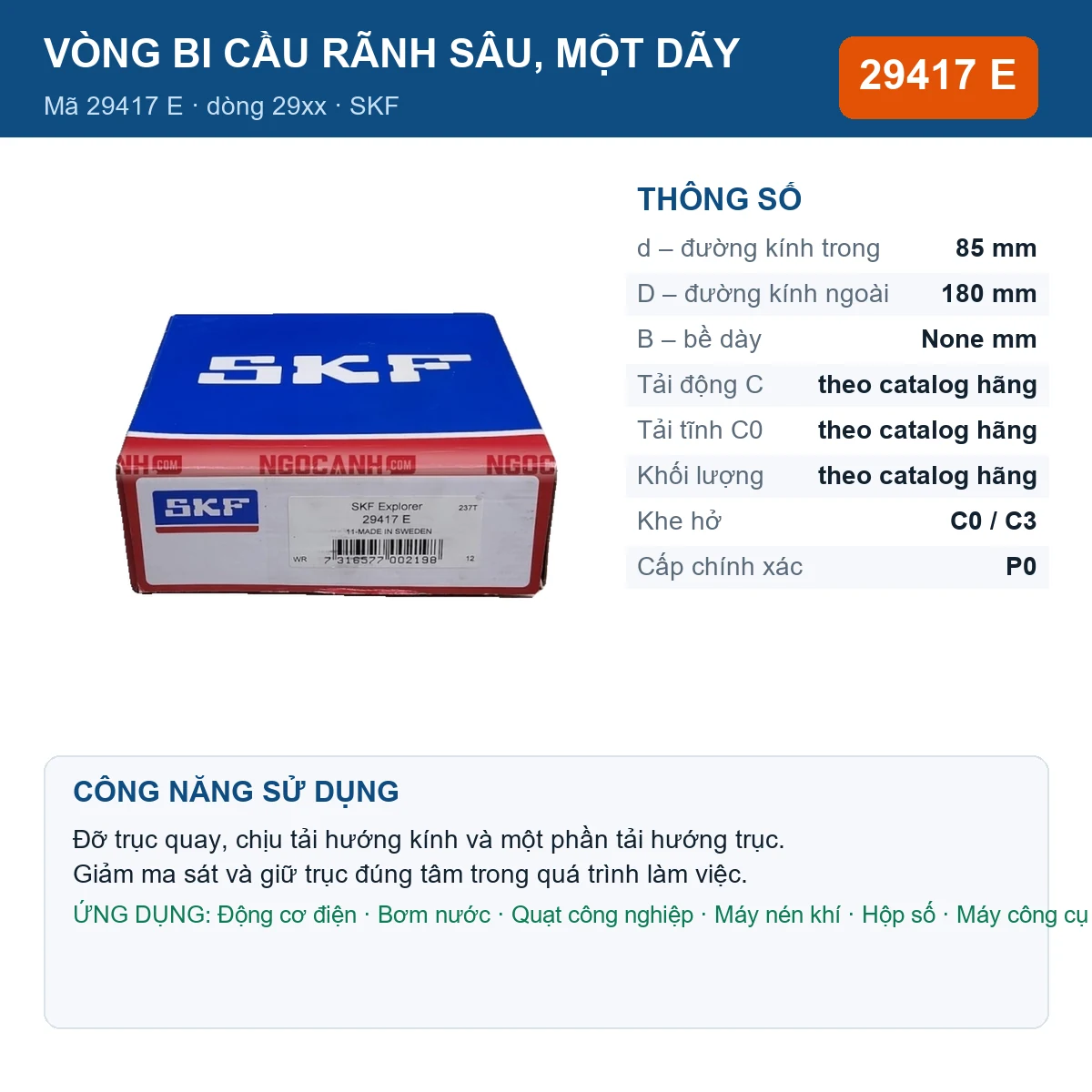 Vòng bi SKF 29417 E — kích thước 85x180mm