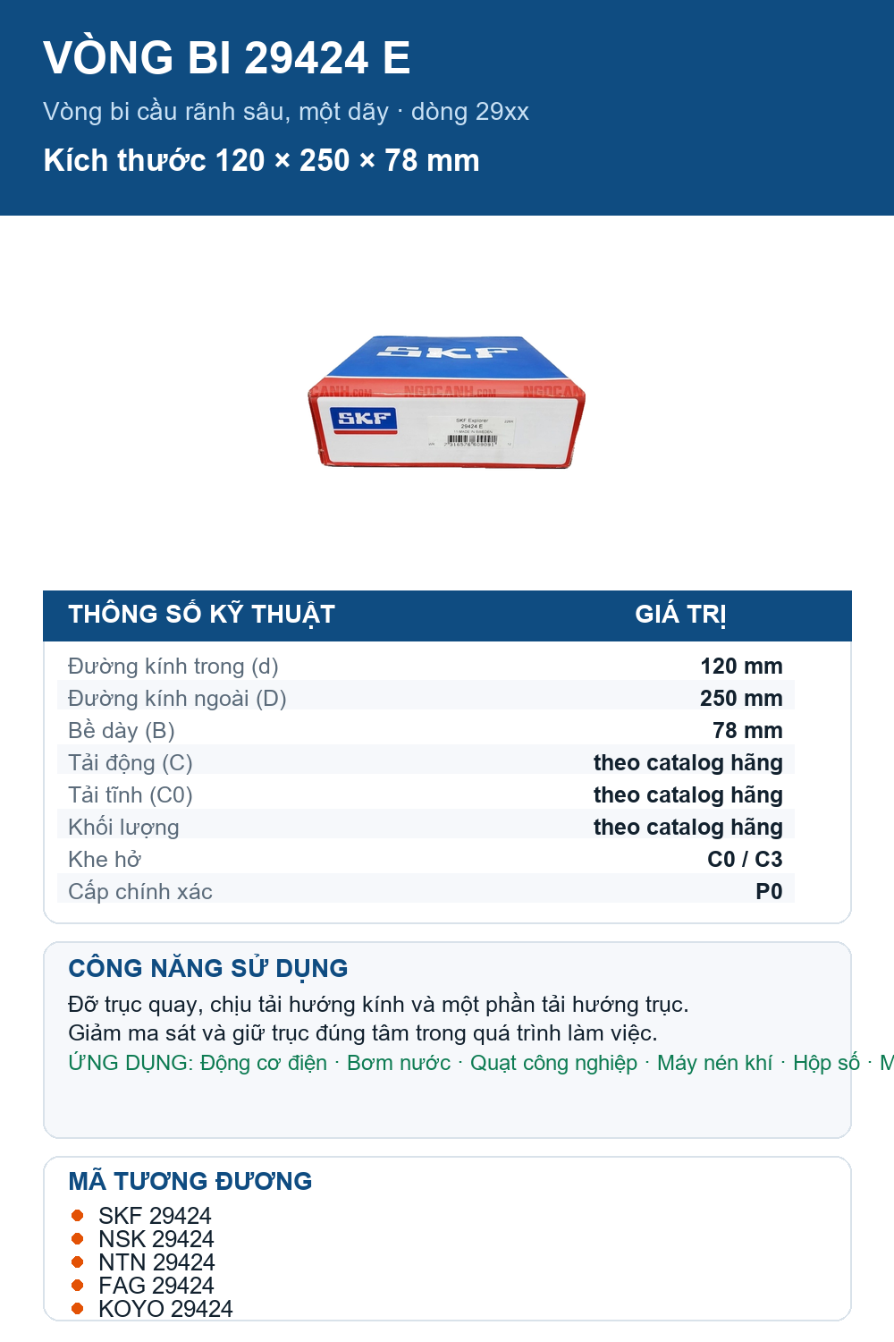 Vòng bi SKF 29424 E 120x250x78mm — Ảnh thông số (Pinterest)