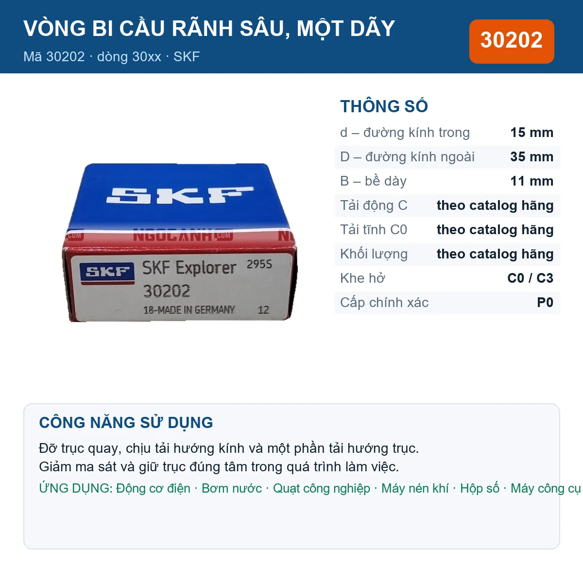 Vòng bi SKF 30202 — kích thước 15x35x11mm