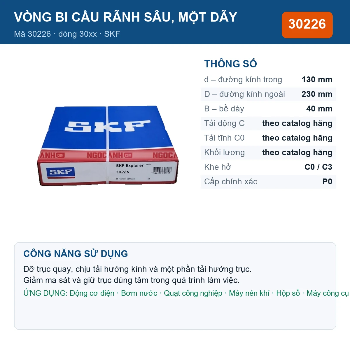 Vòng bi SKF 30226 — kích thước 130x230x40mm
