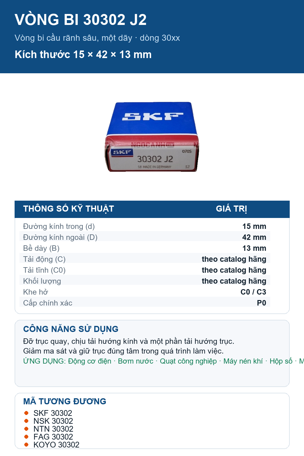 Vòng bi SKF 30302 J2 15x42x13mm — Ảnh thông số (Pinterest)
