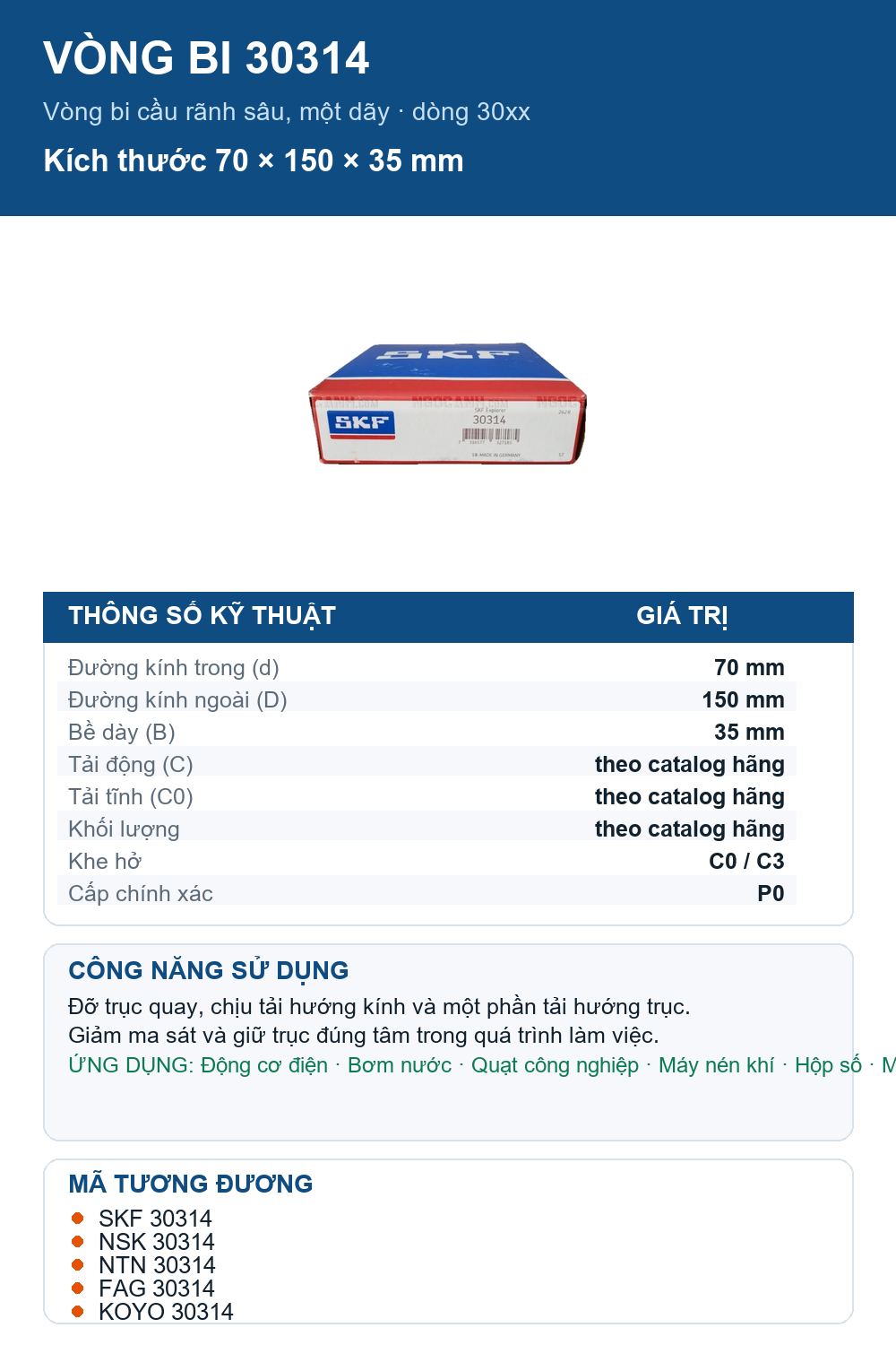 Vòng bi SKF 30314 70x150x35mm — Ảnh thông số (Pinterest)