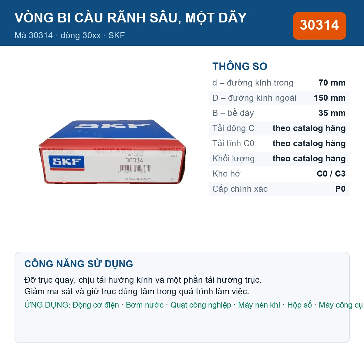 Vòng bi SKF 30314 — kích thước 70x150x35mm