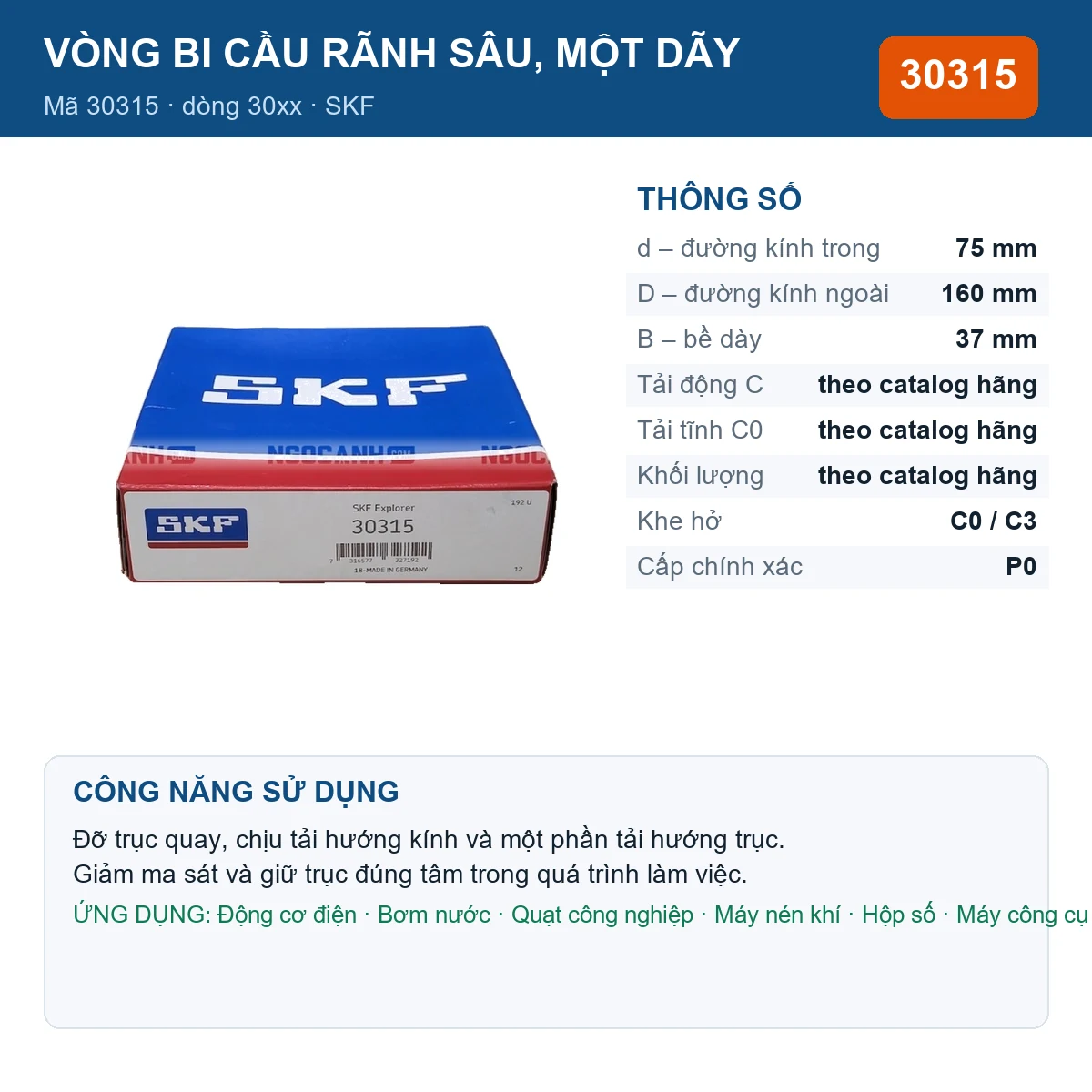 Vòng bi SKF 30315 — kích thước 75x160x37mm
