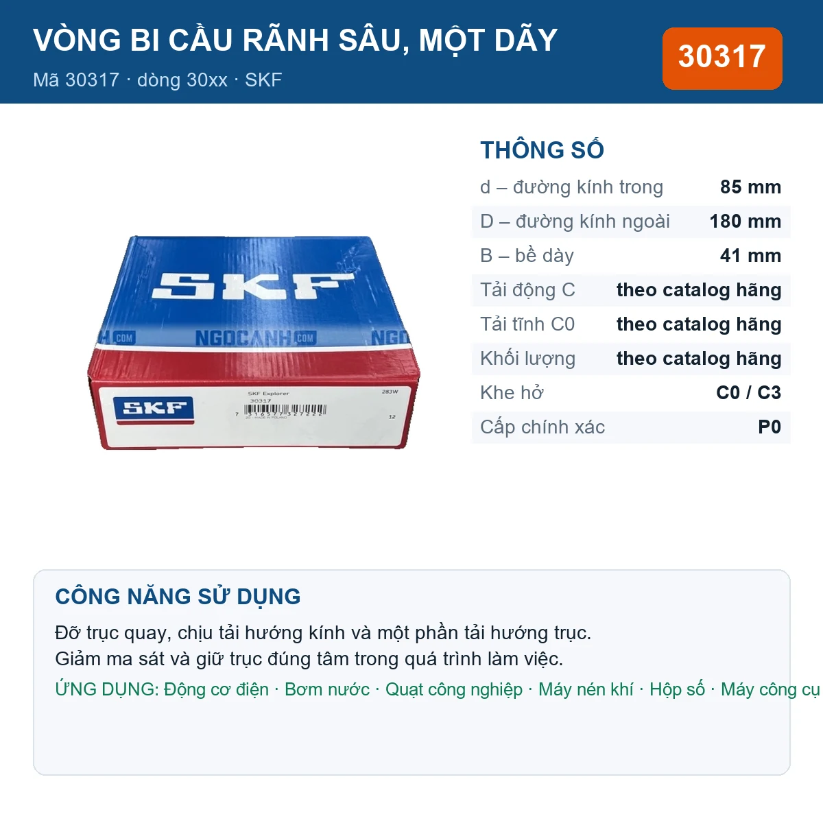 Vòng bi SKF 30317 — kích thước 85x180x41mm